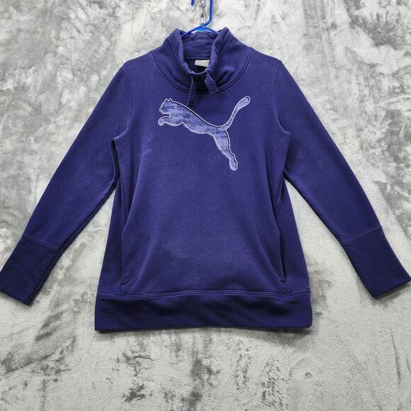 Puma Sweatshirt Women L Purple Funnel Neck French Terry Pullover Logo Athleisure - Picture 1 of 8